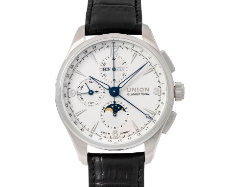 UNION GLASHÜTTE Bellisar Mondphase Ref D014.425.16.017.00 Herren Chronograph. Box und Papiere. Edelstahl. Saphirglasboden. Au