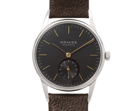 NOMOS Orion "1989" Armbanduhr, Ref. 326. Edelstahl, Glasboden. Handaufzug-Werk Kal. Alpha, sehr gute Gangwerte (-8s/d, 299°).