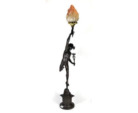 A large classical figural table lamp base depicting Hermes, H. 107cm.