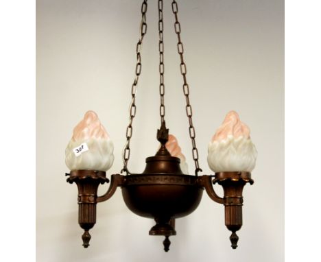 An original Art Deco three branch light fitting, W. 46cm.