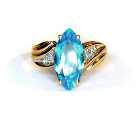 A 9ct yellow gold blue topaz and diamond set ring, (M.5).