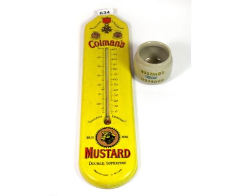 A vintage Coleman's mustard celluloid advertising thermometer and a Coleman's Denby mustard pot, L. 47cm.