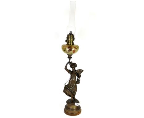 An early 20th century French spelter figural oil lamp, H. 90cm.