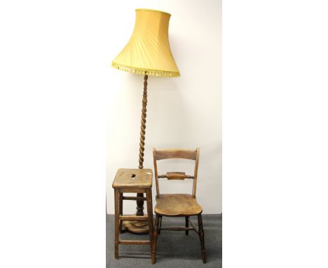 A barley twist standard lamp, stool and kitchen chair.
