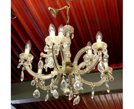 A six branch glass chandelier light fitting, W. 58cm.