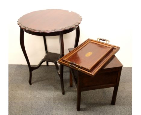 A mahogany side table, two inlaid mahogany trays and a mahogany commode.