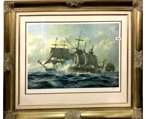 A gilt framed lithograph of a sea battle by K Jefson pencil signed by the artist and with gallery stamp, 95 x 81cm.