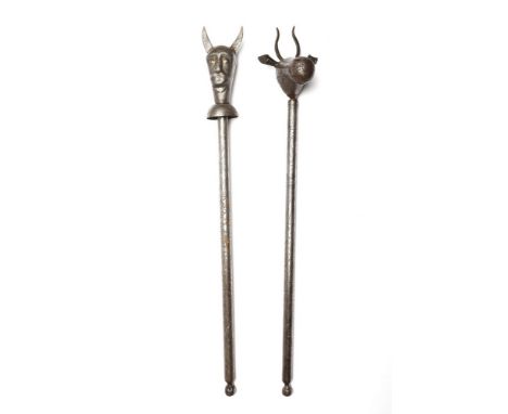 Islamic Art Two steel cerimonial maces: a ox-headed mace (gorz-e gasvar) and a demon's head finial stick Persia, 19th century