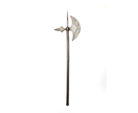 Islamic Art A half-moon headed steel cerimonial axe Persia, 19th century . . Cm 19,00 x 66,00.