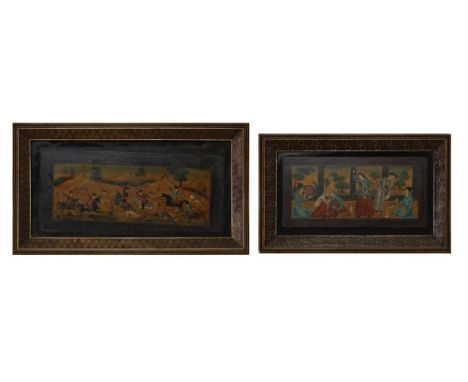 Islamic Art Two papier maché book coversIran, late 19th-20th century . . Cm 13,50 x 31,00. One depicting a courtly scene, the