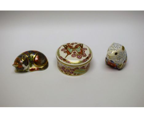 Royal Crown Derby - a Collectors Guild paperweight, Catnip Kitten; another, Poppy Mouse, both with gold stopper; a Butterflie