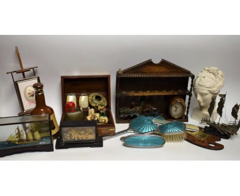Boxes and Objects - a George IV rosewood sarcophagus shaped tea caddy; a white metal model of a Chinese junk; a 1920s oak pip