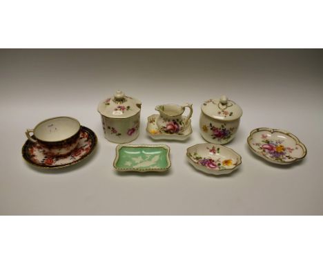 A Royal Crown Derby Imari palette teacup and saucer; a Posie pattern preserve jar and cover; another marmalade pot and cover;