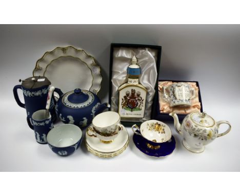 Ceramics - a Wedgwood dark blue jasperware teapot, water jug, milk jug etc;  Royal Worcester Lavinia cup and saucer, others, 