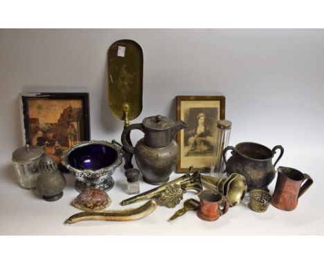 A rouge marble plinth; a pair of graduated copper measures; a smelling salts bottle; EPNS epergne flutes; a Chinese engraved 