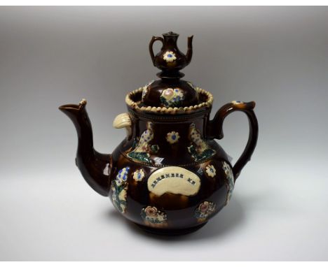 A Victorian Bargeware teapot, Remember Me, 34cm high