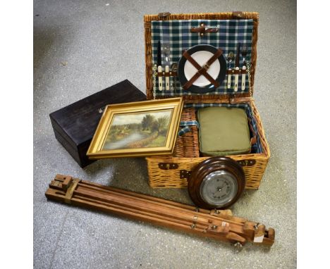 A 19th century rosewood folding writing slope, c.1860; an oak circular wall barometer; a fitted picnic hamper; a small amateu