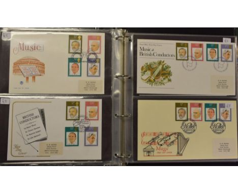 Stamps - GB first day covers, in album, all covers with special cancellations (not philatelic bureau) and catalogued by Bradb