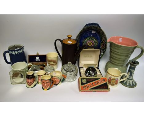 A Caithness Harlequin Single pattern paperweight; others, Moonflower, boxed; a Maling lustre dish, cranberry glass, Ovaltine 