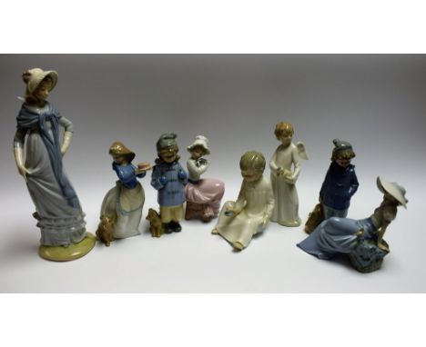 Ceramics - a Nao figure, Puppy's Birthday; others, Ready For An Excursion, Listening To The Bird's Songs, Big Hug, Lady In Bo
