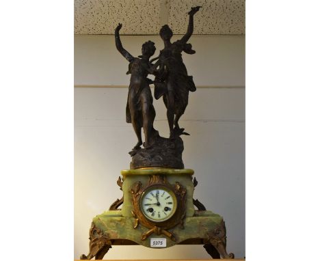 A French spelter and onyx figural clock, the spelter inscribed A.BARABIN, c.1870