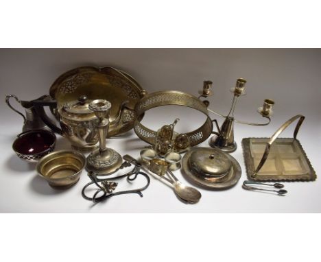 Metalware - EPNS cruet, candlesticks, baskets; a silver plated twin handled tray, cast grape vine detail; a silver plated tea