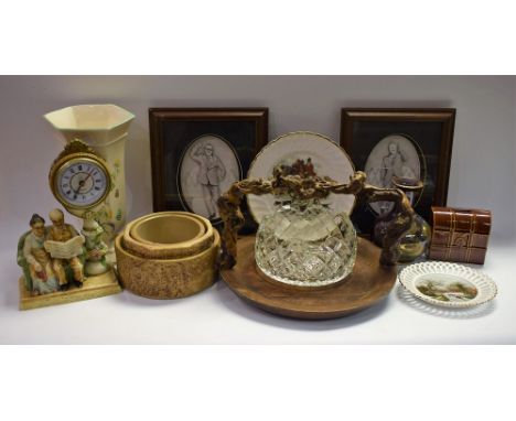 A Victorian stoneware jelly mould; a wooden bread plate; a cast resin mantel clock; a pair of decoupage pictures, Morecombe a