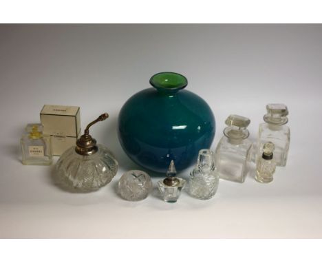 Glass - a Mdina green globe vase;  a pair of scent bottles;  a silver mounted scent bottle, perfume atomizer etc