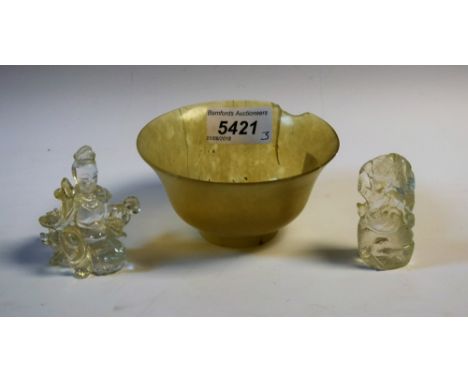 A Chinese jade flared bowl, 11cm diam (faults); a pair of crystal-type carvings (2), [3] 
