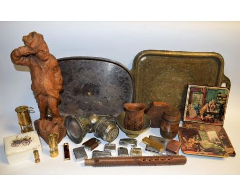 Boxes & Objects - a Zippo pocket lighter; others, chromed cigarette case, EPNS tray, set of three miniature miners lamps, car