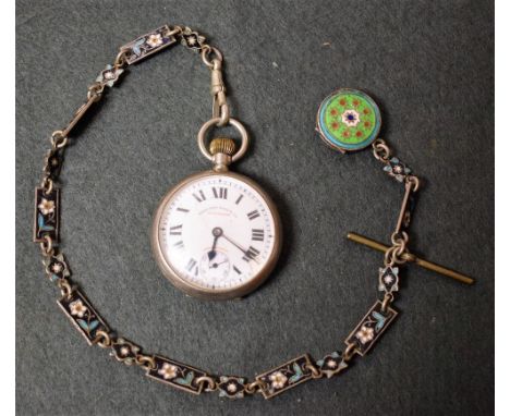 A silver and enamel pocket watch chain; a West End Watch Co pocket watch (2)