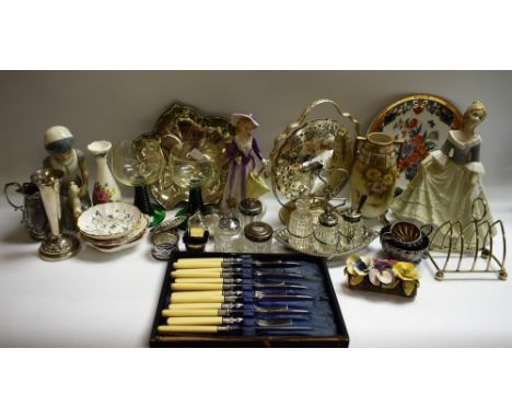 Ceramics and Metalware - an Edwardian cut glass and plated cruet set; cased flatware; dressing table tidy; continental cerami