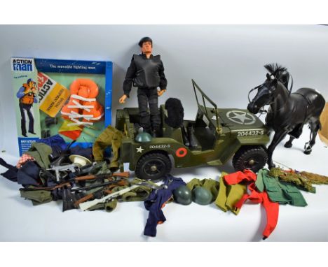 Action Man - including Jeep, trailer, black horse; figure, accessories, weapons, etc.; quantity