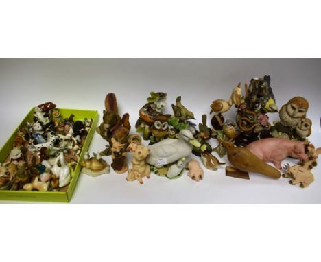 Ceramics - birds, owls, kingfisher, wren; a ceramic seated pig; Piggin figures; Wade Whimsies; etc
