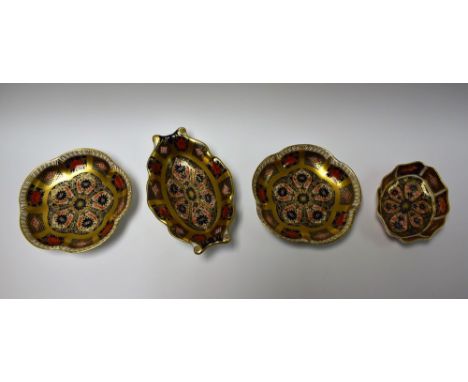 Royal Crown Derby 1128 Imari - a pair of solid gold banded flower shaped pin dishes, first quality; another, singular, lobed 