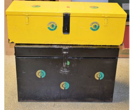 A heavy gauge steel trunk, flat topped, handles, approx. 61cm x 30cm, 38cm in height; another, similar, 68cm x 26cm, 20cm in 