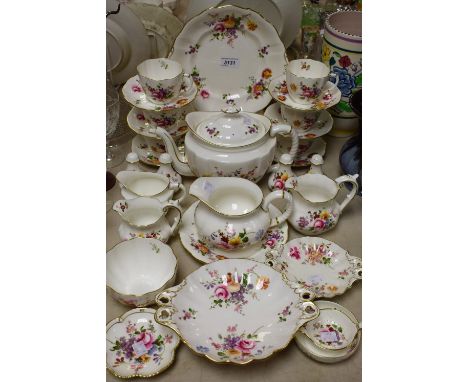 Royal Crown Derby - a posies pattern six setting tea set,  inc teapot, milk, sugar, etc; salt and pepper, a trio of graduated