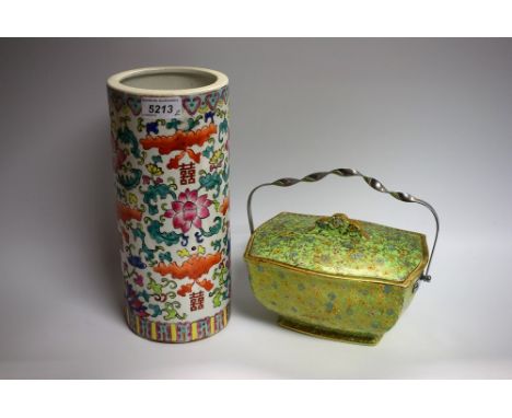 A Chinese cylindrical vase; a Cloisonné pattern ceramic biscuit barrel, chrome handle (2)