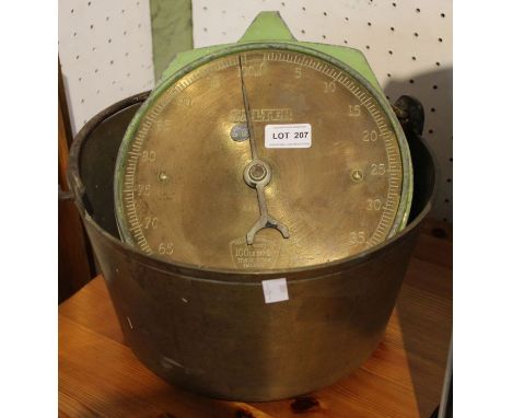 A set of 100lb Salter Spring scales with a swing handled preserve pan