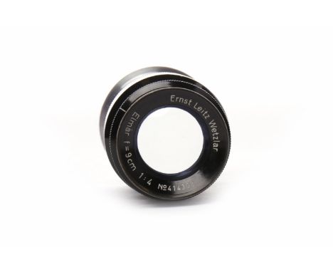 LEITZ ELMAR SCREW MOUNT LENSblack finish, number 414302, 1:4 90mm, with rear cap (damaged), paint loss to body