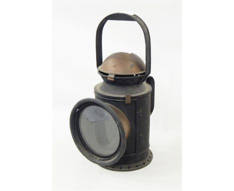 GWR railway signal box lamp with hoop handle, copper top, the circular glass lens etched 'GWR' to front, numbered 4161 on cop