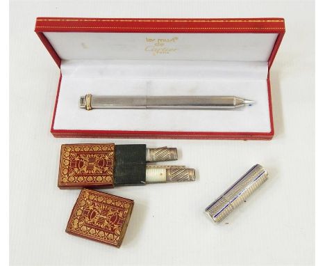 Cartier white metal pencil, cased, a Georgian mother-of-pearl and silver folding knife and fork with bright cut engraved deco