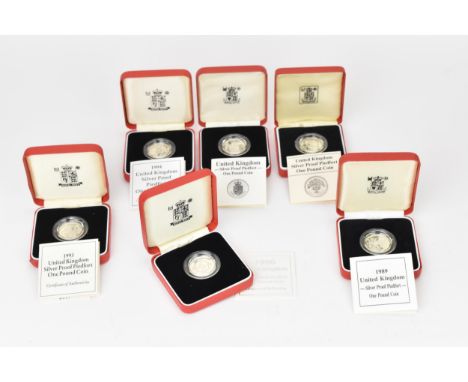 United Kingdom - Elizabeth II (1952-2022), A collection of 6 cased Silver Proof Piedfort One Pound Coins to include, 1985, 19