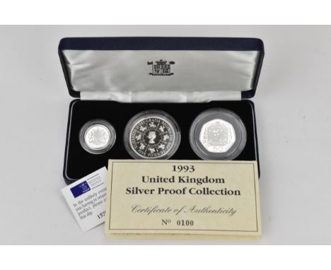 United Kingdom - Elizabeth II (1952-2022), 1993 Silver Proof Three-Coin Set, comprising of Coronation Anniversary Crown, Dual