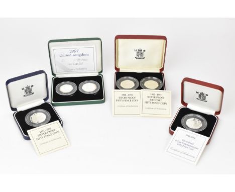 United Kingdom - Elizabeth II (1952-2022), A collection of 6 cased Silver Proof 50 Pence coins to include, cased 1992-1993 du