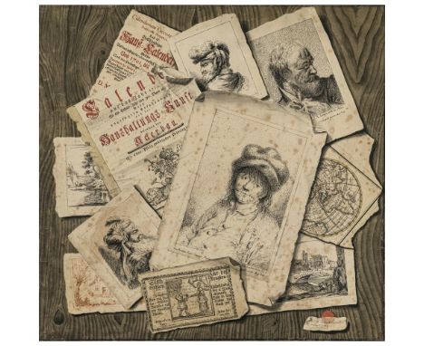 P. A. Robartwar tätig in den Niederlanden, 2. Hälfte 18. Jh.Trompe loeilDruckgraphiken und Buchausrisse auf Holz. R. u. signi