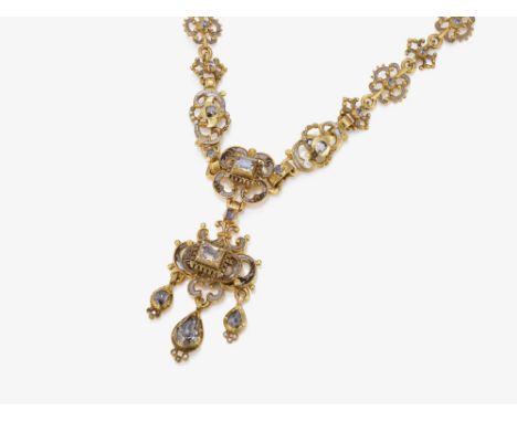 Historistisches Collier mit Diamanten und EmailDeutschland, um 1870-1880Gelbgold 750/-, getestet. 44 Diamanten in unterschied