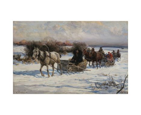 Alfred von Wierusz-Kowalski1849 Suwalki / Polen - 1915 MünchenSchlittenfahrt mit PferdenL. u. signiert. Öl auf  Holz. 19,5 x 