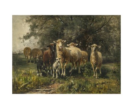 Otto Gebler1838 Dresden - 1917 MünchenSchafherde am WaldrandR. u. signiert. Rücks. Reste eines Wachssiegels. Öl auf  Holz. 33