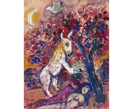 Marc Chagall 1887 Witebsk - 1985 St. Paul de Vence  Les fiancés au pied de larbre. 1956-1960  Links unten mit Tusche signiert